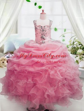 Watermelon Red Organza Zipper Pageant Dress for Teens Sleeveless Floor Length Beading and Ruffles and Pick Ups