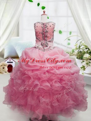 Watermelon Red Organza Zipper Pageant Dress for Teens Sleeveless Floor Length Beading and Ruffles and Pick Ups