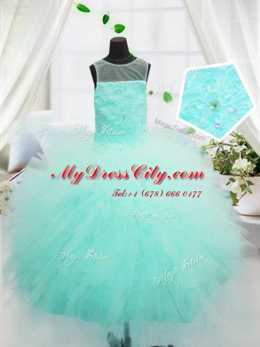 Beauteous Scoop Floor Length Aqua Blue Pageant Dress Wholesale Tulle Sleeveless Beading and Appliques