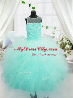 Beauteous Scoop Floor Length Aqua Blue Pageant Dress Wholesale Tulle Sleeveless Beading and Appliques