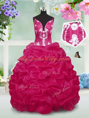 Red Sleeveless Beading and Pick Ups Floor Length Little Girls Pageant Gowns