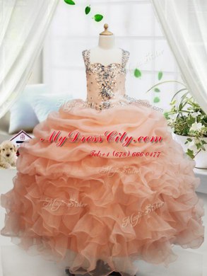 Floor Length Orange Party Dress for Girls Organza Sleeveless Beading and Ruffles and Pick Ups