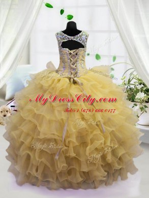 Elegant Light Yellow Scoop Lace Up Beading and Ruffled Layers Party Dress Wholesale Sleeveless