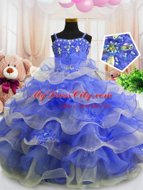 Lovely Sleeveless Floor Length Beading and Ruffled Layers Zipper Pageant Dress for Girls with Blue