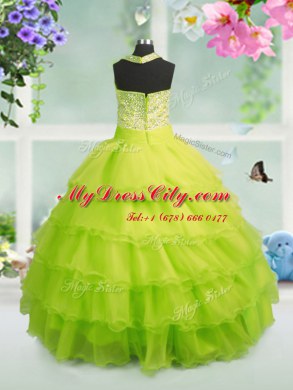 Apple Green Zipper Kids Formal Wear Beading and Ruffled Layers Sleeveless Floor Length