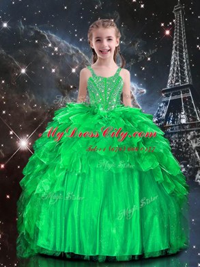 Organza Spaghetti Straps Sleeveless Lace Up Beading and Ruffles Teens Party Dress in Apple Green