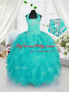 Affordable Aqua Blue Lace Up Halter Top Beading Kids Pageant Dress Organza Sleeveless