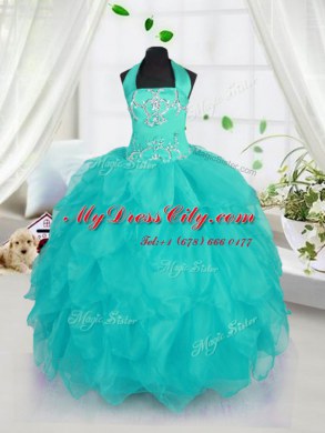 Affordable Aqua Blue Lace Up Halter Top Beading Kids Pageant Dress Organza Sleeveless