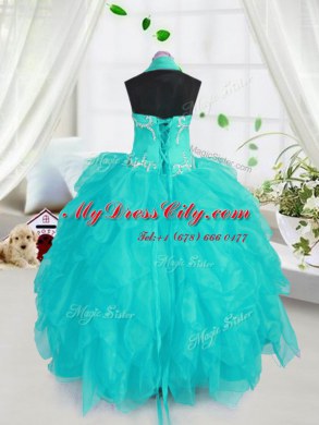 Affordable Aqua Blue Lace Up Halter Top Beading Kids Pageant Dress Organza Sleeveless