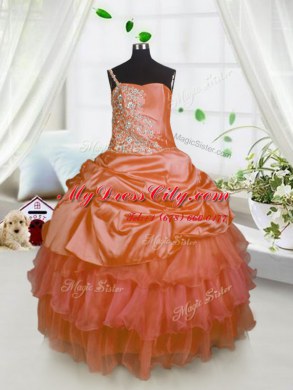 One Shoulder Pick Ups Ruffled Orange Sleeveless Satin and Tulle Lace Up Little Girls Pageant Gowns for Party and Wedding Party