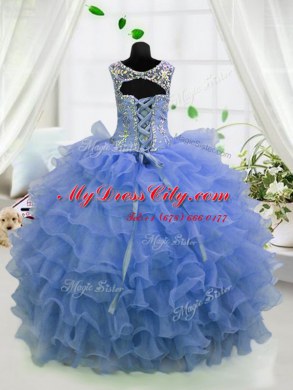 Ruffled Scoop Sleeveless Lace Up Pageant Dress for Teens Light Blue Organza