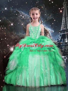 Apple Green Lace Up Spaghetti Straps Beading and Ruffles Party Dress Organza Sleeveless