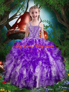 Spaghetti Straps Sleeveless Organza Pageant Dresses Beading and Ruffles Lace Up