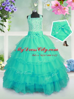 Organza Square Sleeveless Lace Up Beading and Ruffled Layers Girls Pageant Dresses in Turquoise