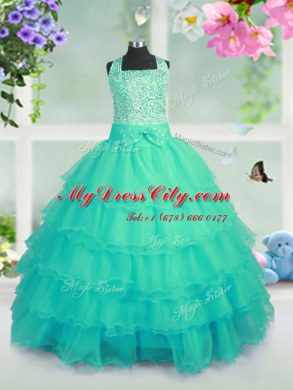 Organza Square Sleeveless Lace Up Beading and Ruffled Layers Girls Pageant Dresses in Turquoise