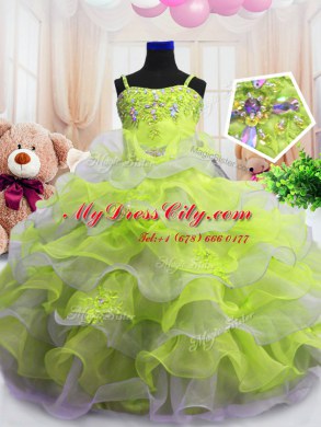 Light Yellow Ball Gowns Organza Spaghetti Straps Sleeveless Beading and Ruffled Layers Floor Length Zipper Glitz Pageant Dress