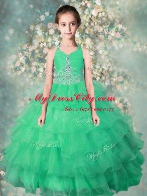 Adorable Halter Top Floor Length Ball Gowns Sleeveless Teal Pageant Dress for Teens Zipper