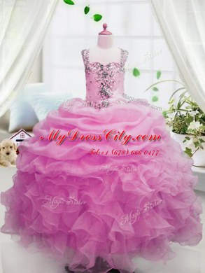 Floor Length Pink Little Girl Pageant Gowns Organza Sleeveless Beading and Ruffles and Pick Ups