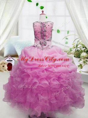 Floor Length Pink Little Girl Pageant Gowns Organza Sleeveless Beading and Ruffles and Pick Ups