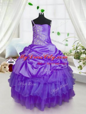 Sleeveless Organza Floor Length Lace Up Pageant Gowns in Purple with Beading and Ruffled Layers and Pick Ups