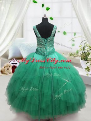 Modern Turquoise Sleeveless Floor Length Beading and Ruffles Lace Up Pageant Dress for Womens