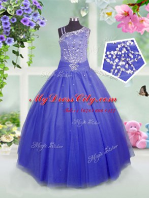 Floor Length Side Zipper Party Dress for Girls Blue for Party and Wedding Party with Beading