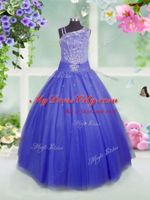 Floor Length Side Zipper Party Dress for Girls Blue for Party and Wedding Party with Beading
