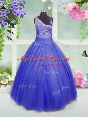 Floor Length Side Zipper Party Dress for Girls Blue for Party and Wedding Party with Beading