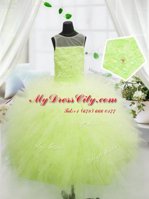 Scoop Yellow Green Sleeveless Tulle Zipper Evening Gowns for Party and Wedding Party