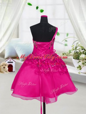 Fuchsia A-line Sweetheart Sleeveless Organza Knee Length Lace Up Beading and Hand Made Flower Pageant Dress Toddler