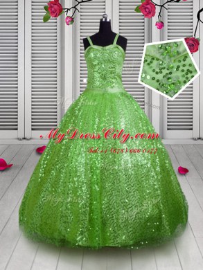 Sweet Apple Green Sequined Lace Up Straps Sleeveless Floor Length Little Girls Pageant Dress Wholesale Beading and Sequins