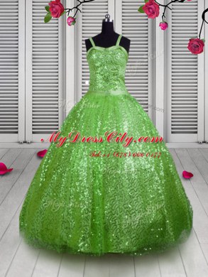 Sweet Apple Green Sequined Lace Up Straps Sleeveless Floor Length Little Girls Pageant Dress Wholesale Beading and Sequins