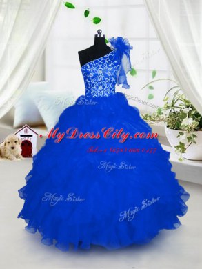 Wonderful Royal Blue One Shoulder Neckline Embroidery and Ruffles Winning Pageant Gowns Sleeveless Lace Up
