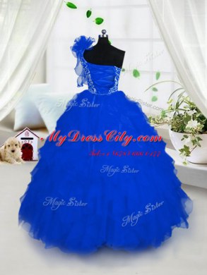 Wonderful Royal Blue One Shoulder Neckline Embroidery and Ruffles Winning Pageant Gowns Sleeveless Lace Up