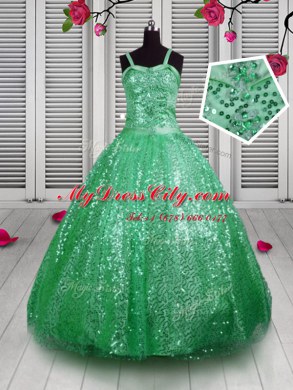 High Quality Sequins Glitz Pageant Dress Green Lace Up Sleeveless Floor Length