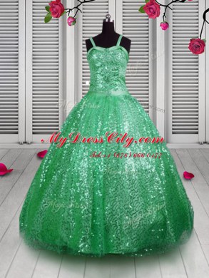 High Quality Sequins Glitz Pageant Dress Green Lace Up Sleeveless Floor Length
