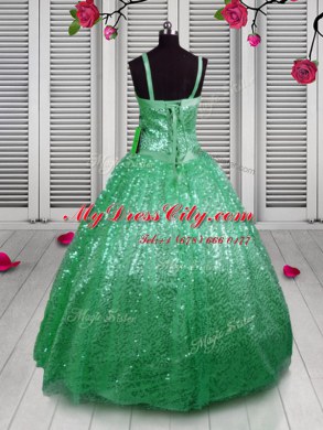 High Quality Sequins Glitz Pageant Dress Green Lace Up Sleeveless Floor Length