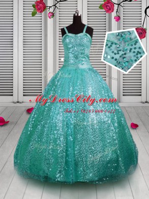 Unique Sleeveless Sequined Floor Length Lace Up Pageant Dress Womens in Turquoise with Beading and Sequins