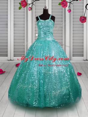 Unique Sleeveless Sequined Floor Length Lace Up Pageant Dress Womens in Turquoise with Beading and Sequins