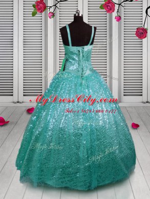 Unique Sleeveless Sequined Floor Length Lace Up Pageant Dress Womens in Turquoise with Beading and Sequins