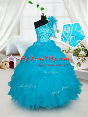 One Shoulder Embroidery and Ruffles Little Girl Pageant Gowns Turquoise Lace Up Sleeveless Floor Length