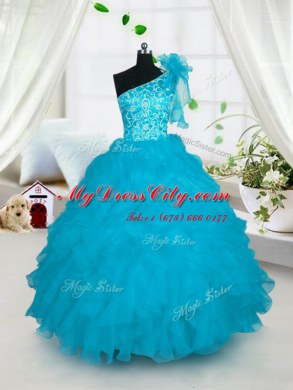 One Shoulder Embroidery and Ruffles Little Girl Pageant Gowns Turquoise Lace Up Sleeveless Floor Length