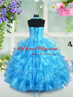 Halter Top Aqua Blue Ball Gowns Beading and Ruffled Layers Evening Gowns Lace Up Organza Sleeveless Floor Length