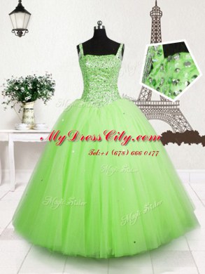 On Sale Apple Green Tulle Lace Up Little Girls Pageant Dress Wholesale Sleeveless Floor Length Beading and Sequins