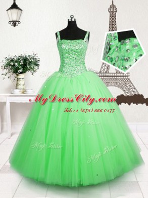 Floor Length Apple Green Womens Party Dresses Tulle Sleeveless Beading and Sequins