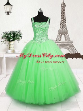 Floor Length Apple Green Womens Party Dresses Tulle Sleeveless Beading and Sequins