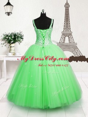 Floor Length Apple Green Womens Party Dresses Tulle Sleeveless Beading and Sequins