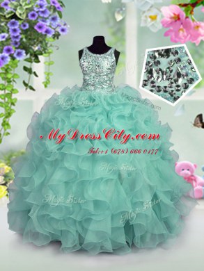 Fantastic Scoop Sequins Turquoise Sleeveless Organza Zipper Womens Party Dresses for Party and Wedding Party