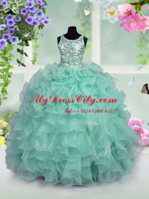 Fantastic Scoop Sequins Turquoise Sleeveless Organza Zipper Womens Party Dresses for Party and Wedding Party