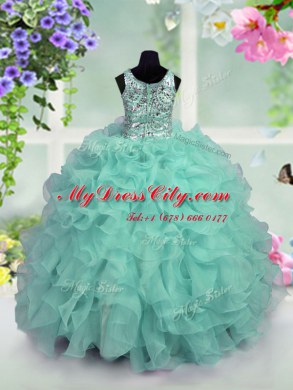 Fantastic Scoop Sequins Turquoise Sleeveless Organza Zipper Womens Party Dresses for Party and Wedding Party